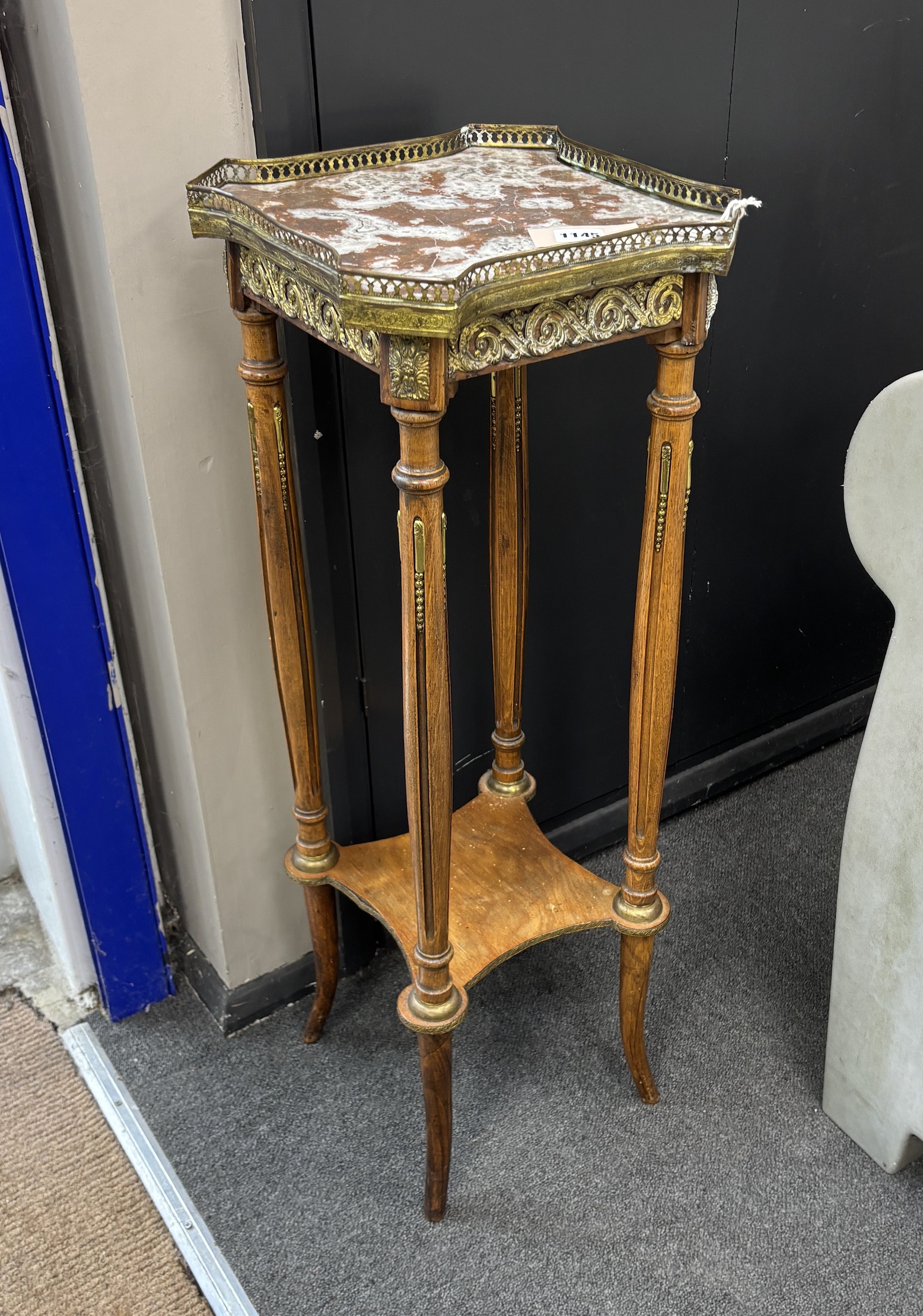 A French gilt metal mounted marble topped two tier marble top plant stand, width 29cm, height 83cm